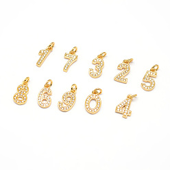 Number Real 18K Gold Plated Brass Micro Pave Cubic Zirconia Charms, Number 0~9, Cadmium Free & Nickel Free & Lead Free, Mixed, 11x6~7x1.5~2mm, Hole: 2mm
