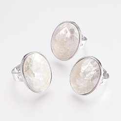 White Adjustable Natural White Shell Finger Rings, with Platinum Tone Brass Findings, Oval, White, Size 8, 18mm