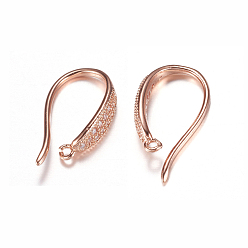 Rose Gold Brass Micro Pave Cubic Zirconia Earring Hooks, with Horizontal Loop, Rose Gold, 15x9x3mm, 9 Gauge, Hole: 0.5mm