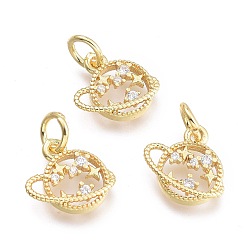 Real 18K Gold Plated Brass Micro Pave Cubic Zirconia Pendants, with Jump Ring, Planet with Star, Clear, Real 18K Gold Plated, 10.5x10.5x1.8mm, Ring: 5x0.7mm, Hole: 3.3mm
