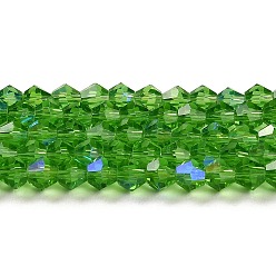 Lime Green Transparent Electroplate Glass Beads Strands, AB Color Plated, Faceted, Bicone, Lime Green, 4x4mm, Hole: 0.8mm, about 87~98pcs/strand, 12.76~14.61 inch(32.4~37.1cm)
