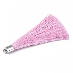 Pearl Pink Fiber Tassel Big Pendant Decorations, with Platinum Plated Brass Finding, Pearl Pink, 70~73x7~25mm, Hole: 1.8mm