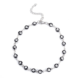 Stainless Steel Color 304 Stainless Steel Anklets, with Enamel and Lobster Claw Clasps, Evil Eye, Black, Stainless Steel Color, 9-5/8 inch(24.5cm).