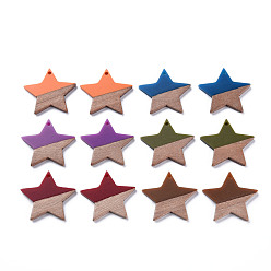 Mixed Color Opaque Resin & Walnut Wood Pendants, Two Tone, Star, Mixed Color, 26x28.5x3mm, Hole: 1.8mm