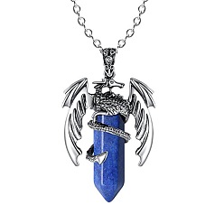 Lapis Lazuli Natural Lapis Lazuli Bullet with Dragon Pendant Necklace with Zinc Alloy Chains, 19.69 inch(50cm)