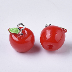 Red Apple Resin Charms, with Platinum Tone Iron Screw Eye Pin Peg Bails, Red, 15x12mm, Hole: 2mm