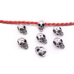 Antique Silver Halloween Theme Tibetan Style Alloy Beads, Large Hole Beads, Skull, Antique Silver, 14x9x8mm, Hole: 5mm, 100pcs/bag