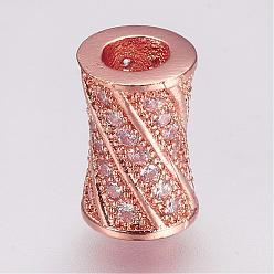 Rose Gold Brass Micro Pave Cubic Zirconia Beads, Column, Rose Gold, 9x6mm, Hole: 3mm