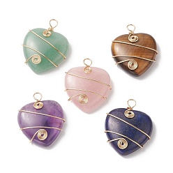 Mixed Stone Natural Mixed Stone Copper Wire Wrapped Pendants, Heart Charms, Light Gold, 37.5~39x31~31.5x9~9.5mm, Hole: 4.5mm
