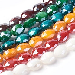 Mixed Color Electroplate Glass Beads Strands, Pearl Luster Plated, Faceted Oval, Mixed Color, 11.5~12x8.5~9x6~6.5mm, Hole: 1.2mm, about 25pcs/strand, 11.8 inch(30cm)