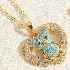 Deep Sky Blue Real 14K Gold Plated Brass Cubic Zircon Pendant Necklace for Women, Heart with Bear, Deep Sky Blue, 17.72 inch(45cm)