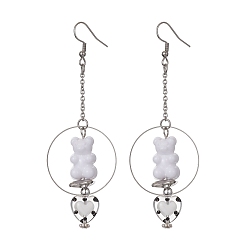 Blanc Fumé Boucles d’oreilles en acrylique ours et lampwork pendantes en forme de cœur, 304 boucles d'oreilles longues en acier inoxydable, fumée blanche, 90x30.5mm