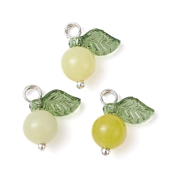 Lemon Chiffon Natural Lemon Jade Fruit Charms, with Acrylic Leaf and Platinum Plated Brass Loops, Lemon Chiffon, 13x12x6mm, Hole: 2mm