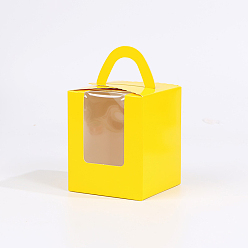 Jaune Boîte à gâteau individuelle pliable en papier kraft, boîte d'emballage de petit gâteau unique de boulangerie, rectangle avec fenêtre transparente et poignée, jaune, 91x92x110mm