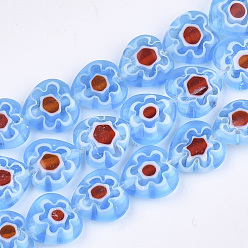 Светло-Голубой Handmade millefiori lampwork beads strands, сердце, Небесно-голубой, 10x10x4 мм, отверстие : 0.8 мм, около 42 шт / нитка, 15.1 дюйм
