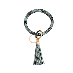 Vert mer Foncé Porte-clés bracelet en similicuir pu motif peau de serpent, porte-clés bracelet avec pompon et anneau en alliage, vert de mer foncé, 200x100mm