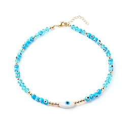 Cyan Beaded Necklaces, with Evil Eye Lampwork Beads & Glass Beads, Brass Chain & Beads, 304 Stainless Steel Findings, Cyan, 15.35 inch(39cm)