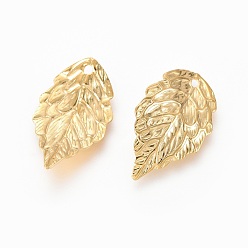 Real 18K Gold Plated 304 Stainless Steel Pendants, Textured Leaf, Real 18k Gold Plated, 17x10x1mm, Hole: 1mm