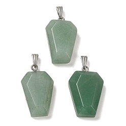Green Aventurine Natural Green Aventurine Pendants, Faceted Hexagon Charms with Rack Plating Stainless Steel Color Plated 201 Stainless Steel Snap on Bails, Cadmium Free & Lead Free, 28.5~31x18~20x7~8mm, Hole: 3x8mm