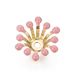 Pink Brass Bead Caps, with Enamel, Flower, Golden, Pink, 11~12x4mm, Hole: 1.6mm, Inner Diameter: 4mm