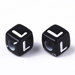 Letter L Opaque Acrylic Beads, Horizontal Hole, Alphabet Style, Cube, Black & White, Letter.L, 5x5x5mm, Hole: 2mm, about 5000pcs/500g
