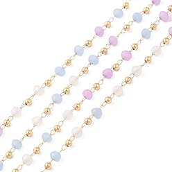 Light Sky Blue Faceted Rondelle Glass & Round 304 Stainless Steel Beaded Chains, with Light Gold 316 Surgical Stainless Steel Findings, Soldered, Light Sky Blue, 3x2.5mm, 4x2.5x0.5mm