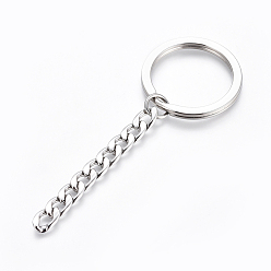 Stainless Steel Color Polishing 304 Stainless Steel Split Key Rings, Keychain Clasp Findings, with Extended Curb Chains, Stainless Steel Color, 84mm, Key Rings: 30x2.8mm