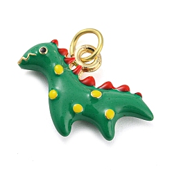 Green Dinosaur Rack Plating Brass Enamel Pendants, with Jump Ring, Long-Lasting Plated, Cadmium Free & Lead Free, Real 18K Gold Plated, Green, 13x18x4mm, Hole: 3.8mm