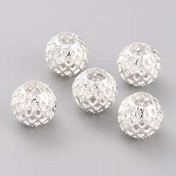 Plaqué 925 Argent Sterling Perles de laiton creuses plaquées de longue durée, perles en filigrane, ronde, 925 argent sterling plaqué, 9.5x9mm, Trou: 4.5mm