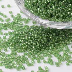 Yellow Green 12/0 Silver Lined Round Glass Seed Beads, Yellow Green, 2~3x1.5~2mm, Hole: 0.8~1mm, about 37500pcs/pound