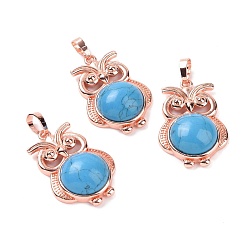 Synthetic Turquoise Synthetic Turquoise Pendants, Owl Charms, with Rose Gold Tone Rack Plating Brass Findings, 35x23.5x8~9mm, Hole: 8x5mm