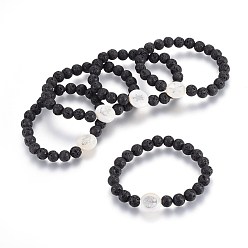 Lave Bracelets extensibles en perles de lave naturelle, avec des perles de coquille d'eau douce, plat rond, 2 pouce (5 cm)