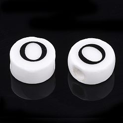 Letter O Handmade Porcelain Beads, Horizontal Hole, Flat Round with Letter, White, Letter.O, 8~8.5x4.5mm, Hole: 2mm