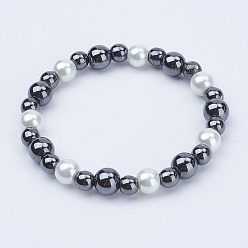 White Pearlized Glass Round Beads Stretch Bracelets, with Non-Magnetic Synthetic Hematite Beads, White, 52mm