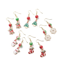 Mixed Color Christmas Theme Alloy Enamel Dangle Earrings with Resin Beaded, Golden Brass Jewelry for Women, Mixed Color, 50~52mm, Pin: 0.6mm