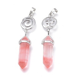 Cherry Quartz Glass Cherry Quartz Glass Pointed Big Pendants, Double Terminated Pointed, with Platinum Plated Brass Findings, Faceted, Bullet, 59~67x14~15mm, Hole: 7x5mm, Gemstone: 41~44x8mm