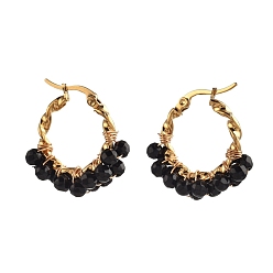 Black Agate 201 Stainless Steel Hoop Earrings, Hypoallergenic Earrings, with Natural Black Agate Beads, Twisted Ring Shape, Golden, 30x24mm, Pin: 1.3x0.7mm