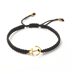 Noir Bracelet de perles tressées d'ancre d'alliage, bracelet d'amitié réglable pour femme, noir, diamètre intérieur: 2-1/2~3-1/4 pouce (6.2~8.4 cm)
