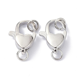Platinum Eco-Friendly Brass Lobster Claw Clasps, with Jump Ring, Heart, Platinum, 16x11.5x5.4mm