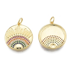Real 18K Gold Plated Brass Micro Pave Colorful Cubic Zirconia Pendants, with Jump Rings, Flat Round, Real 18K Gold Plated, 21x19x3mm, Hole: 3mm