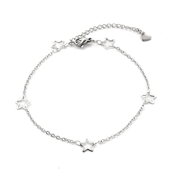 Stainless Steel Color 304 Stainless Steel Cable Chain Anklets, with Star Links and Lobster Claw Clasps, Stainless Steel Color, 9-1/8 inch(23.2cm)