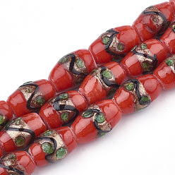 Rouge Perles au chalumeau de sable d'or faites à la main , tambour, rouge, 15~18x10~12mm, Trou: 1.5~2mm
