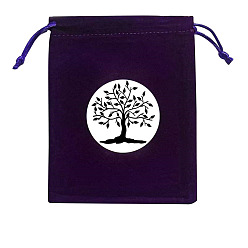 Negro Bolsas rectangulares de terciopelo para guardar joyas, bolsas de cordón impresas del árbol de la vida, negro, 15x12 cm