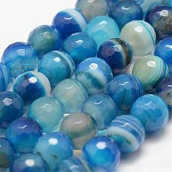 Bleu Clair Facettes agate à rayures naturelles / brins de perles d'agate en bandes, ronde, teints et chauffée, bleu clair, 8mm, Trou: 1mm, Environ 46~48 pcs/chapelet, 14.25~14.96 pouce (36~38 cm)