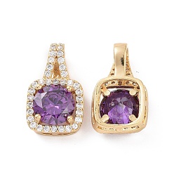 Purple Brass Micro Pave Cubic Zirconia Pendants, Real 18K Gold Plated, Square Charms, Purple, 18x11x6mm, Hole: 6x3.5mm