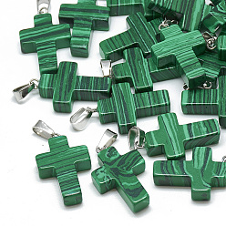 Malachite Synthetic Malachite Pendants, with Stainless Steel Snap On Bails, Cross, 29~30x18~19x5~6mm, Hole: 6x4mm