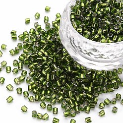 Olive Drab 8/0 Glass Bugle Beads, Silver Lined, Olive Drab, 2.5~3x2.5mm, Hole: 1mm, about 15000pcs/pound