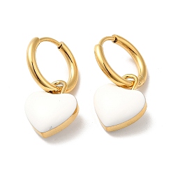White Enamel Heart Dangle Hoop Earrings, Golden 304 Stainless Steel Jewelry for Women, White, 24.5mm, Pin: 1mm