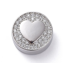 Platinum Brass Micro Pave Cubic Zirconia Beads, Flat Round with Heart, Clear, Platinum, 12x5mm, Hole: 2mm