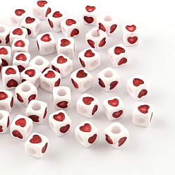 Rouge Perles européennes opaques acrylique, grandes perles de cube de trous, avec un motif de coeur, rouge, 7x7x7mm, trou: 4 mm, environ 1900 pcs / 500 g